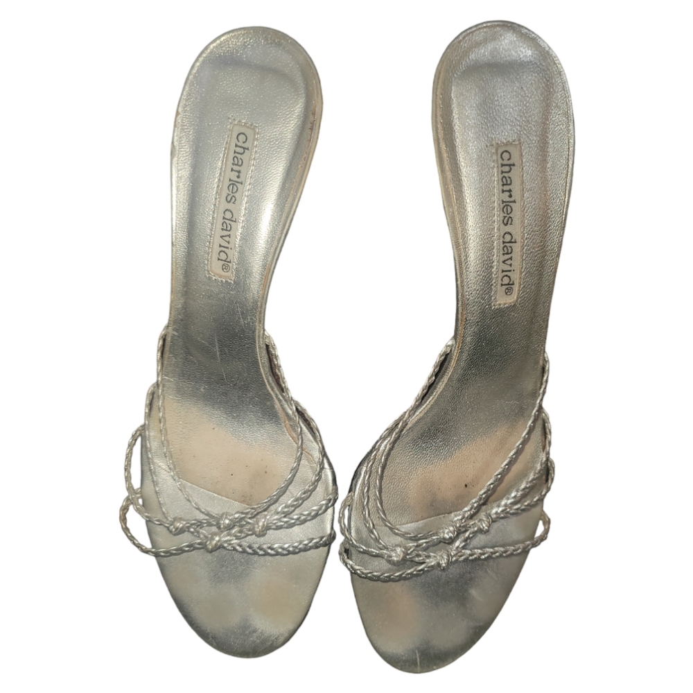 CHARLES DAVID silver braided kitten heels open toe sandals 8.5